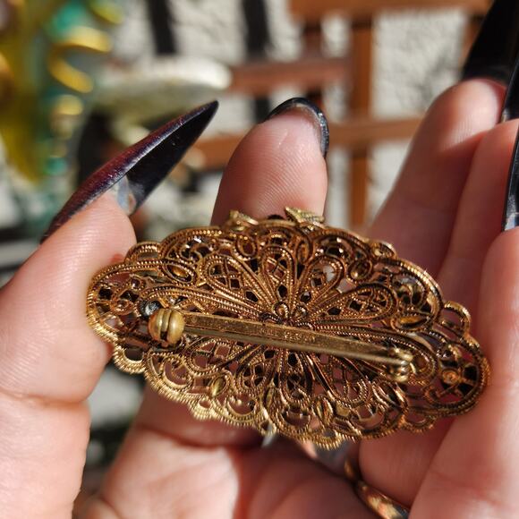 Vtg Made Germany Brooch Green Glass AB Rhinestone Gold Tone Filigree Pre 1949 - Picture 6 of 12